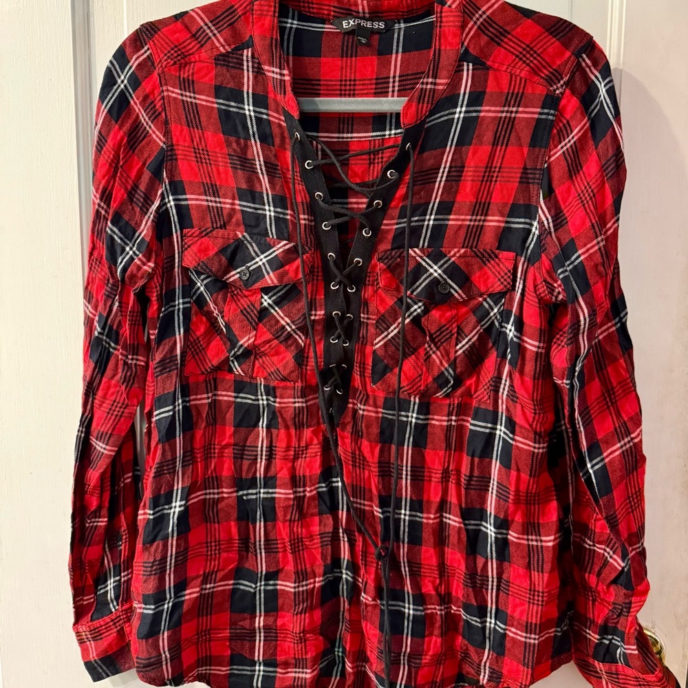 Express Red & Black Plaid Lace-Up Top - Size M, EUC!